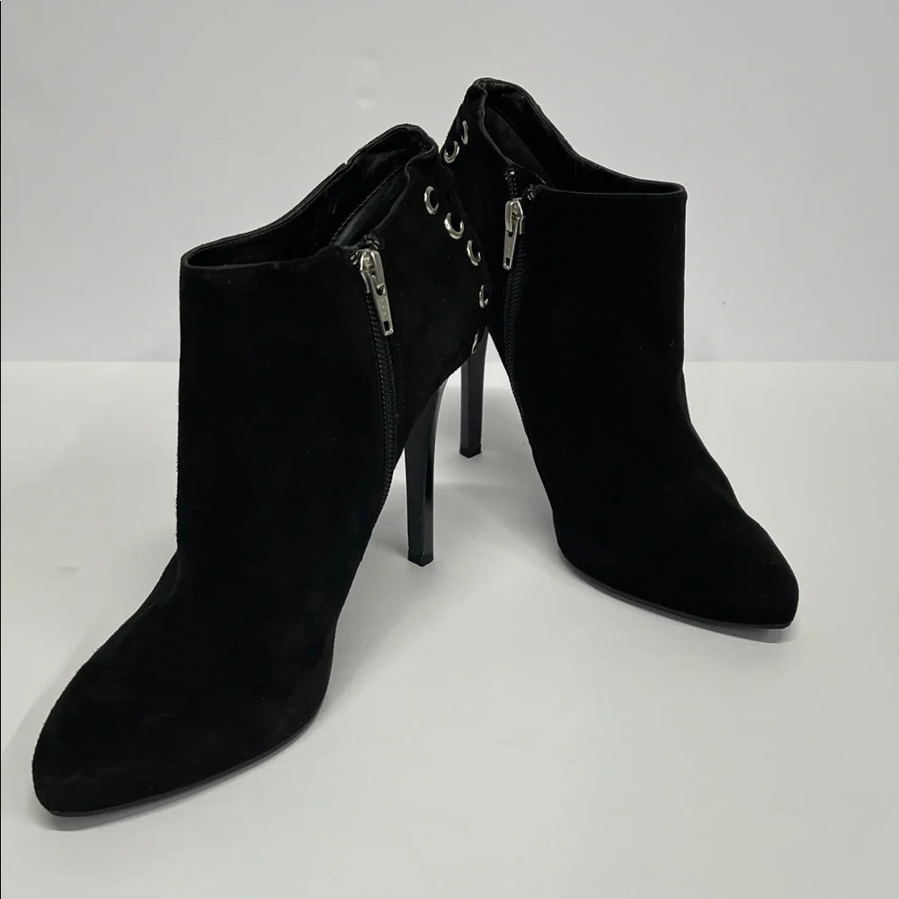 BCBGeneration black suede platform stiletto ankle booties with laceup detail